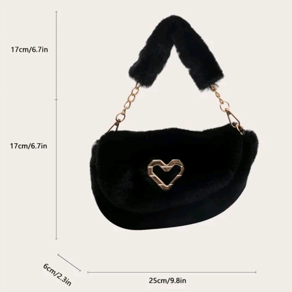 Saddle Bag Y2K Black Faux Fur Shoulder Bag Plush Heart Gold Chain Handbag